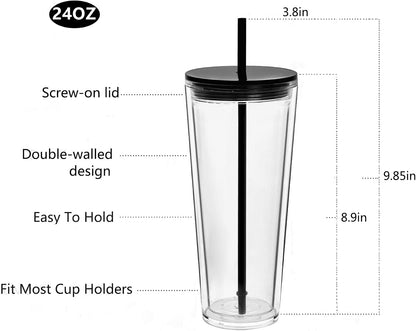 24 oz Clear Tumblers with Lid and Straw, 3 Pack Plastic Tumblers, Reusable Double Wall Insulated Cups for Travel,Parties, Birthdays,Gifts(3, Transparent+Black+Green)