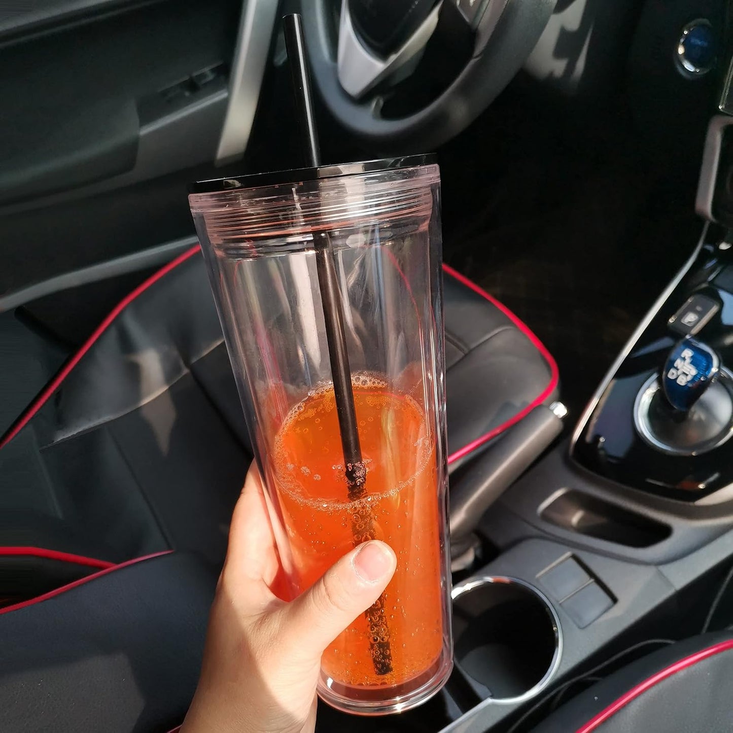 24 oz Clear Tumblers with Lid and Straw, 3 Pack Plastic Tumblers, Reusable Double Wall Insulated Cups for Travel,Parties, Birthdays,Gifts(3, Transparent+Black+Green)