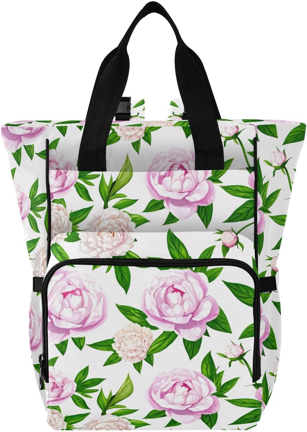 Diaper Bag Backpack, Multifunction Travel Bag for Moms Dads, Baby Changing Bag with Insulted Pockets, Stroller Straps and Side Bottle Pockets Peony Watercolor Pattern
