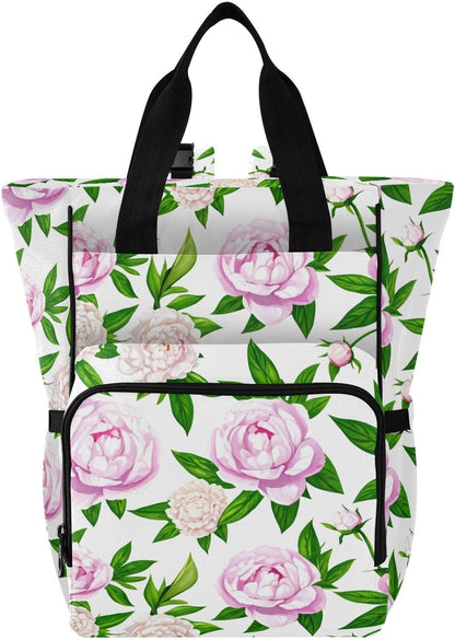 Diaper Bag Backpack, Multifunction Travel Bag for Moms Dads, Baby Changing Bag with Insulted Pockets, Stroller Straps and Side Bottle Pockets Peony Watercolor Pattern