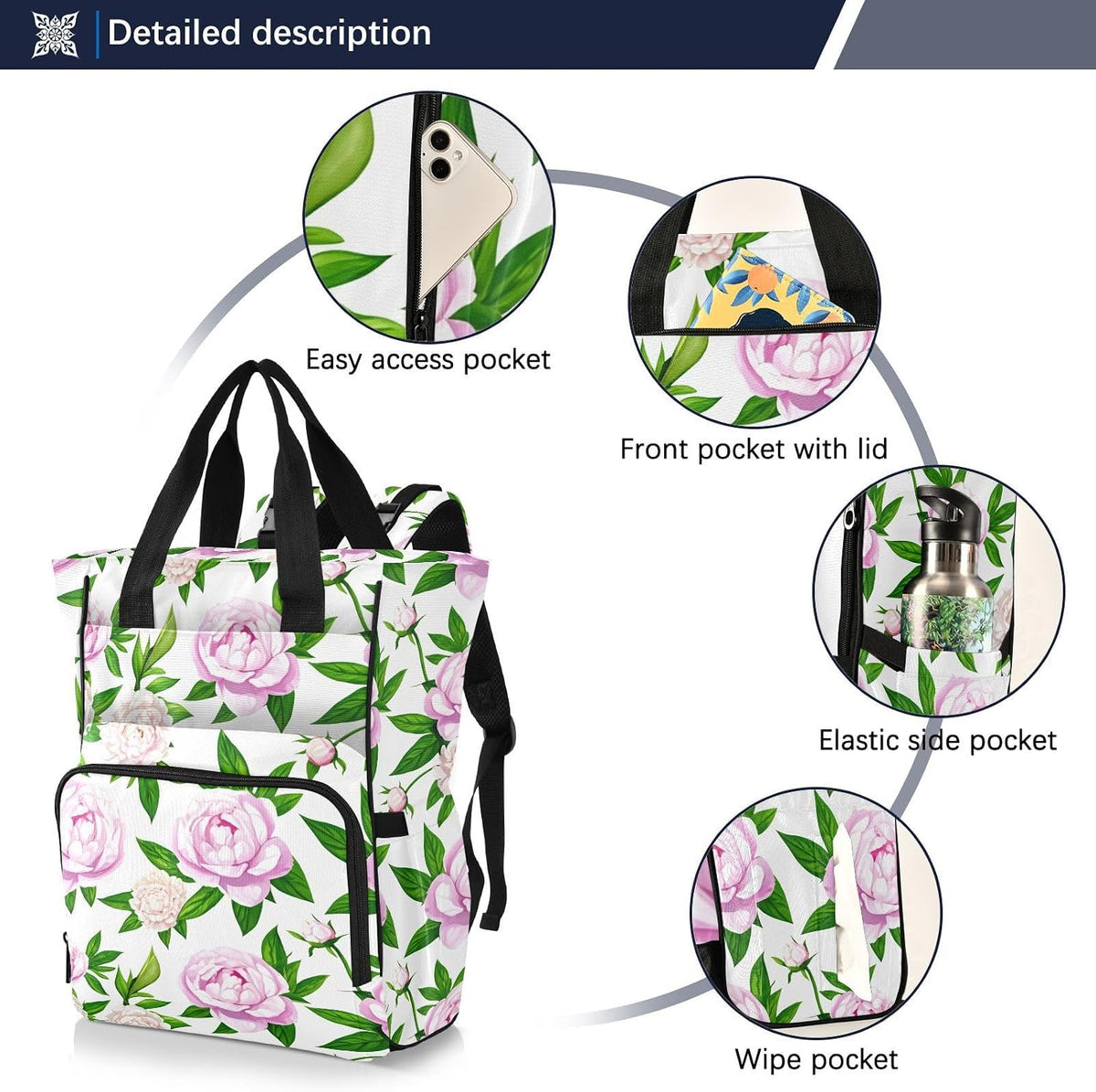 Diaper Bag Backpack, Multifunction Travel Bag for Moms Dads, Baby Changing Bag with Insulted Pockets, Stroller Straps and Side Bottle Pockets Peony Watercolor Pattern