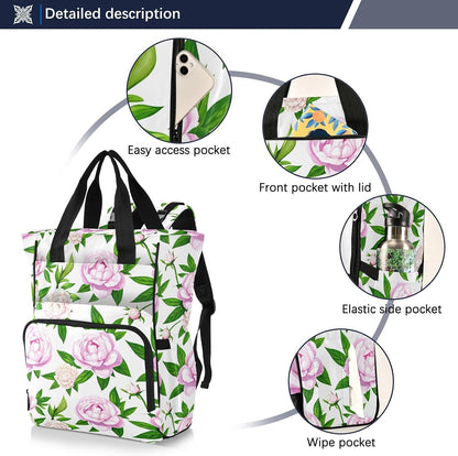 Diaper Bag Backpack, Multifunction Travel Bag for Moms Dads, Baby Changing Bag with Insulted Pockets, Stroller Straps and Side Bottle Pockets Peony Watercolor Pattern