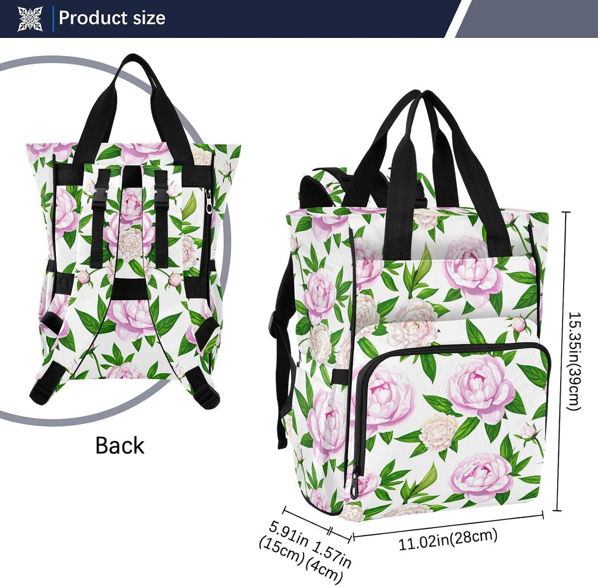 Diaper Bag Backpack, Multifunction Travel Bag for Moms Dads, Baby Changing Bag with Insulted Pockets, Stroller Straps and Side Bottle Pockets Peony Watercolor Pattern