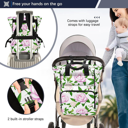 Diaper Bag Backpack, Multifunction Travel Bag for Moms Dads, Baby Changing Bag with Insulted Pockets, Stroller Straps and Side Bottle Pockets Peony Watercolor Pattern