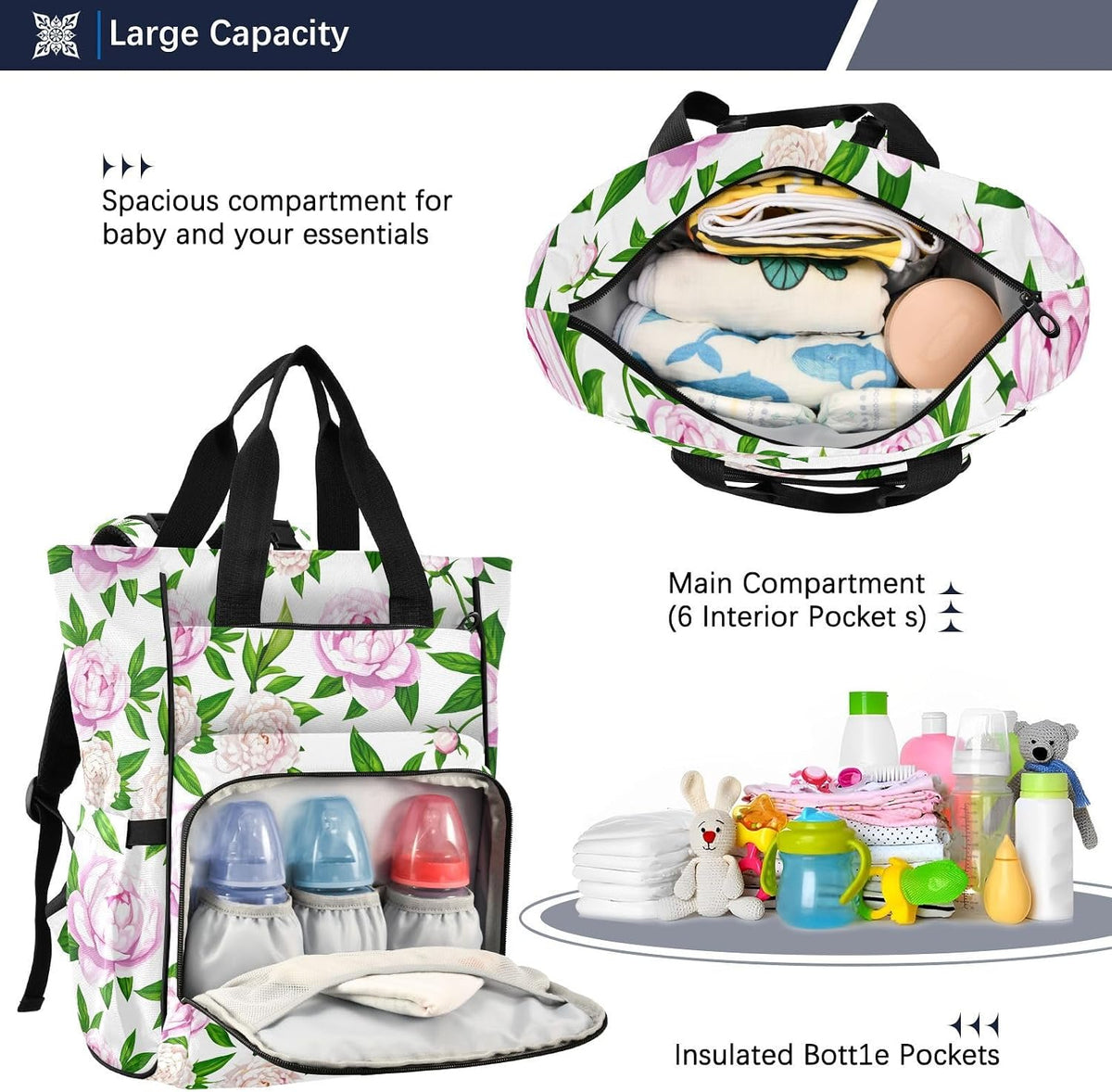 Diaper Bag Backpack, Multifunction Travel Bag for Moms Dads, Baby Changing Bag with Insulted Pockets, Stroller Straps and Side Bottle Pockets Peony Watercolor Pattern