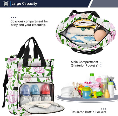 Diaper Bag Backpack, Multifunction Travel Bag for Moms Dads, Baby Changing Bag with Insulted Pockets, Stroller Straps and Side Bottle Pockets Peony Watercolor Pattern