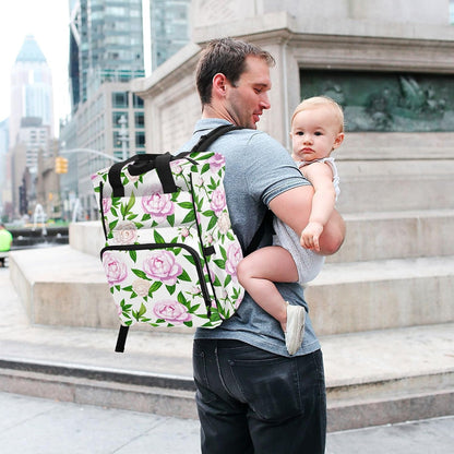 Diaper Bag Backpack, Multifunction Travel Bag for Moms Dads, Baby Changing Bag with Insulted Pockets, Stroller Straps and Side Bottle Pockets Peony Watercolor Pattern