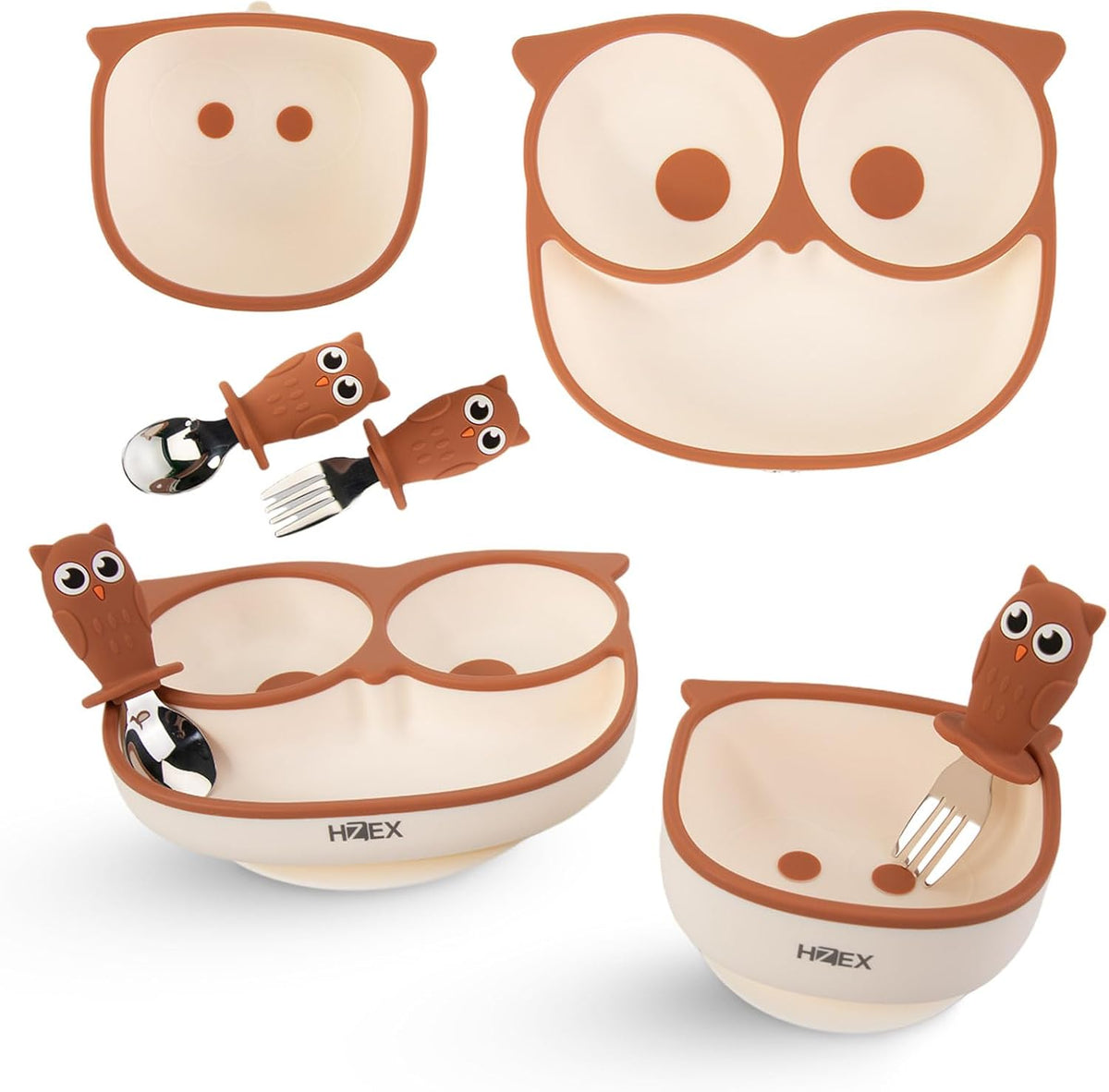 Owls Led Weaning Supplies, Toddler Silicone Feeding Set, Silicone Suction Bowls for Self Feeding, 2 Bowls, Spoon and Fork, Baby Feed Flatware and Dishwasher Safe (Orange)