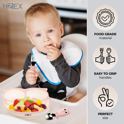 Owls Led Weaning Supplies, Toddler Silicone Feeding Set, Silicone Suction Bowls for Self Feeding, 2 Bowls, Spoon and Fork, Baby Feed Flatware and Dishwasher Safe (Orange)