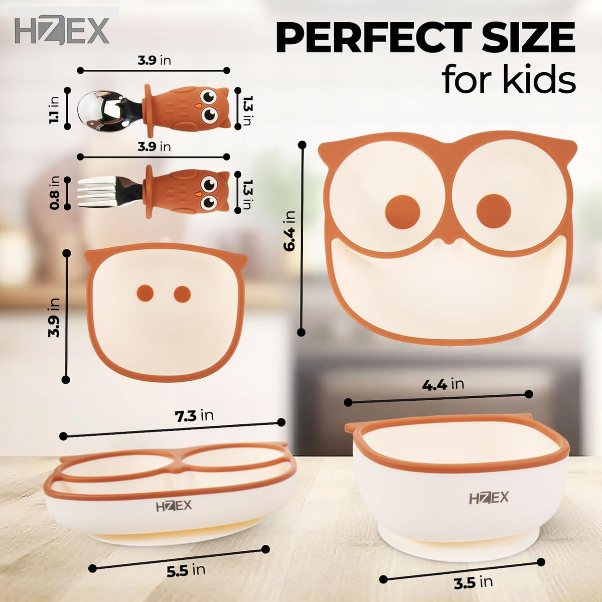 Owls Led Weaning Supplies, Toddler Silicone Feeding Set, Silicone Suction Bowls for Self Feeding, 2 Bowls, Spoon and Fork, Baby Feed Flatware and Dishwasher Safe (Orange)