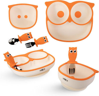 Owls Led Weaning Supplies, Toddler Silicone Feeding Set, Silicone Suction Bowls for Self Feeding, 2 Bowls, Spoon and Fork, Baby Feed Flatware and Dishwasher Safe (Orange)