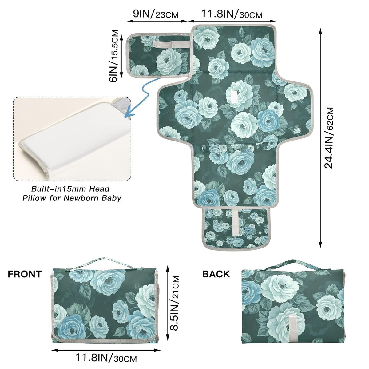 Teal Rose Design Portable Diaper Changing Pad for Family