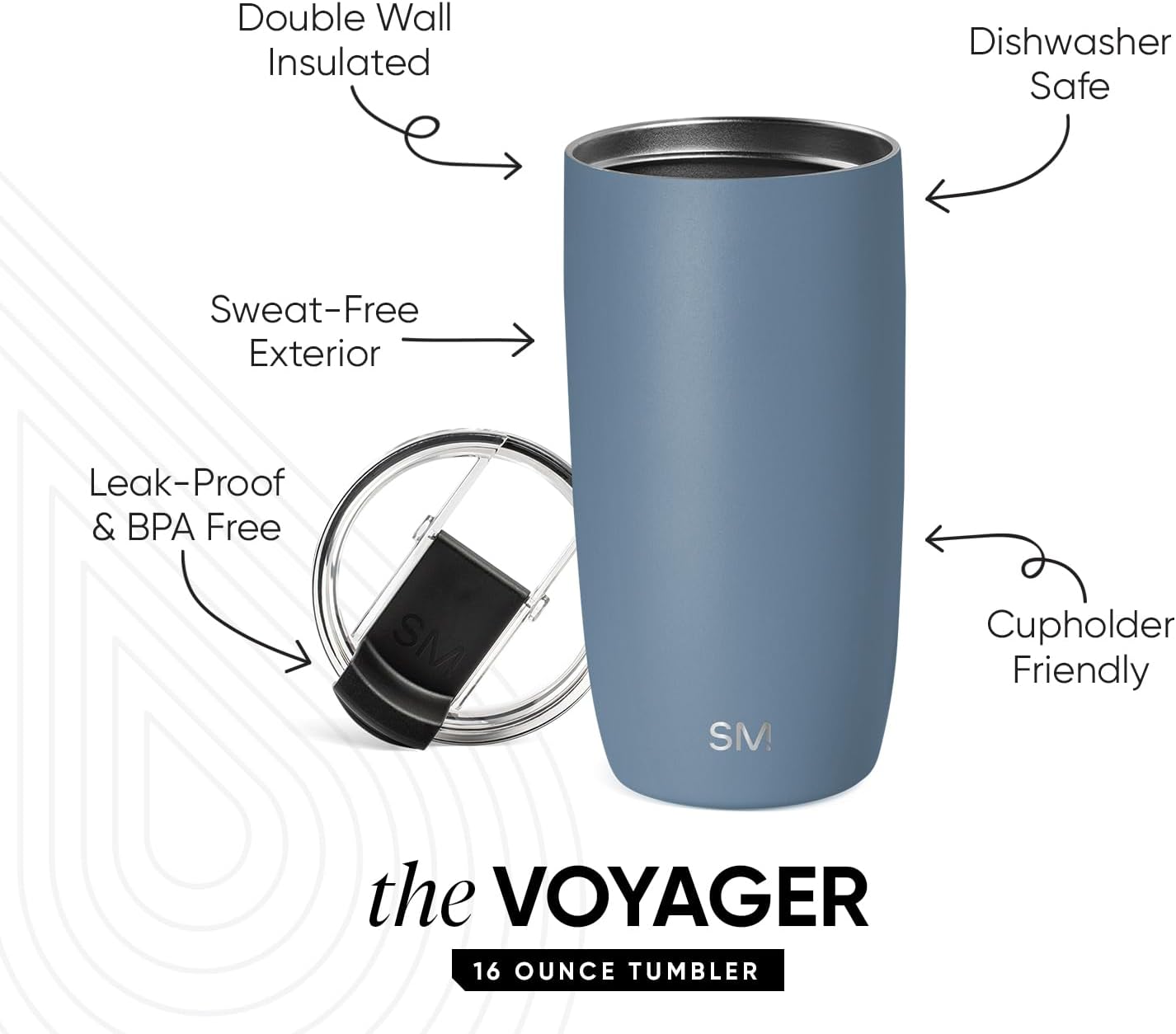 Travel Coffee Mug with Lid | 16oz | Blue | Voyager Coffee Cup, Coffee Tumbler for Hot & Iced Drinks | Insulated Stainless Steel Travel Mug | Blue Dune
