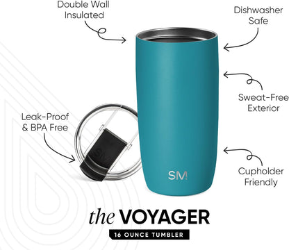 Travel Coffee Mug with Lid | 16oz | Blue | Voyager Coffee Cup, Coffee Tumbler for Hot & Iced Drinks | Insulated Stainless Steel Travel Mug | Blue Dune