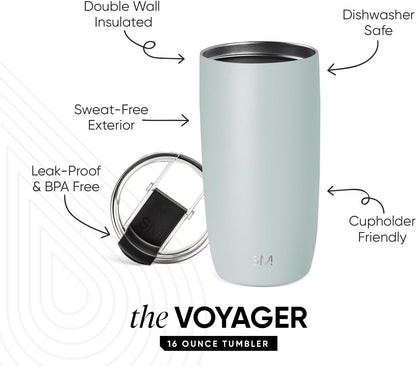 Travel Coffee Mug with Lid | 16oz | Blue | Voyager Coffee Cup, Coffee Tumbler for Hot & Iced Drinks | Insulated Stainless Steel Travel Mug | Blue Dune