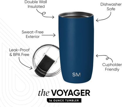 Travel Coffee Mug with Lid | 16oz | Blue | Voyager Coffee Cup, Coffee Tumbler for Hot & Iced Drinks | Insulated Stainless Steel Travel Mug | Blue Dune