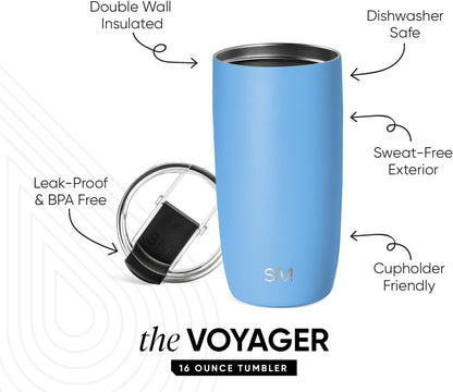 Travel Coffee Mug with Lid | 16oz | Blue | Voyager Coffee Cup, Coffee Tumbler for Hot & Iced Drinks | Insulated Stainless Steel Travel Mug | Blue Dune