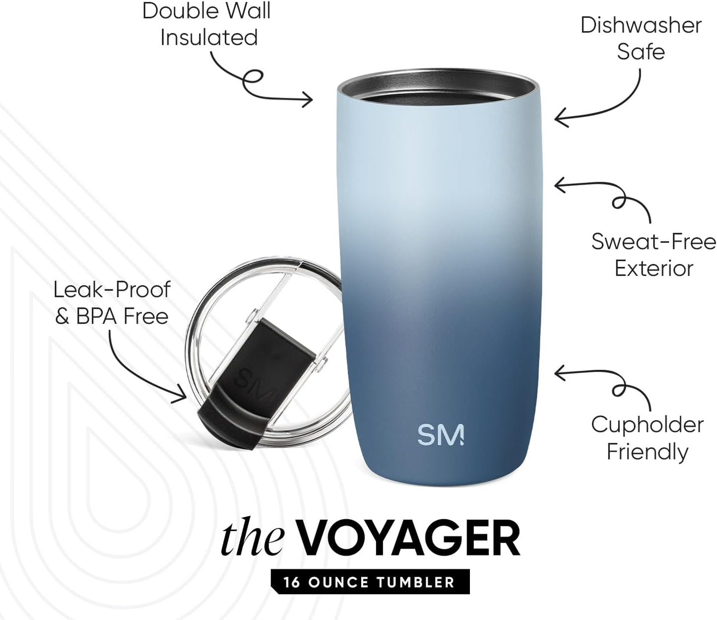 Travel Coffee Mug with Lid | 16oz | Blue | Voyager Coffee Cup, Coffee Tumbler for Hot & Iced Drinks | Insulated Stainless Steel Travel Mug | Blue Dune