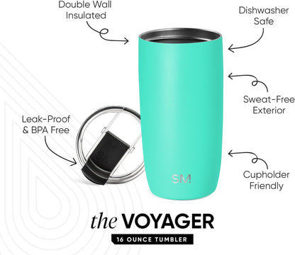Travel Coffee Mug with Lid | 16oz | Blue | Voyager Coffee Cup, Coffee Tumbler for Hot & Iced Drinks | Insulated Stainless Steel Travel Mug | Blue Dune