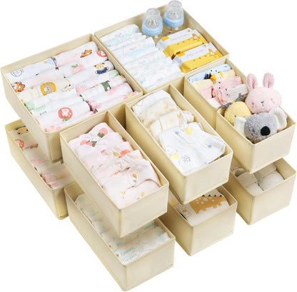 12 Pack Baby Clothes Organizer, Foldable Fabric Drawer Bins, Beige
