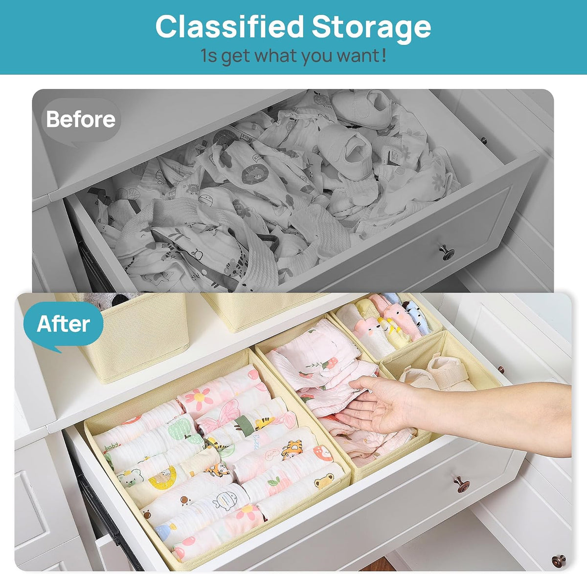 12 Pack Baby Clothes Organizer, Foldable Fabric Drawer Bins, Beige