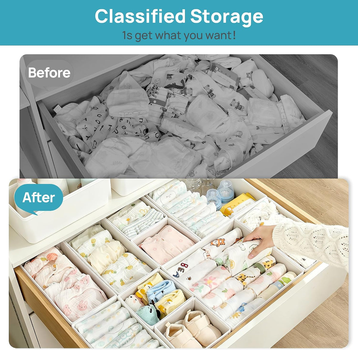 12 Pack Baby Clothes Organizer, Foldable Fabric Drawer Bins, Beige