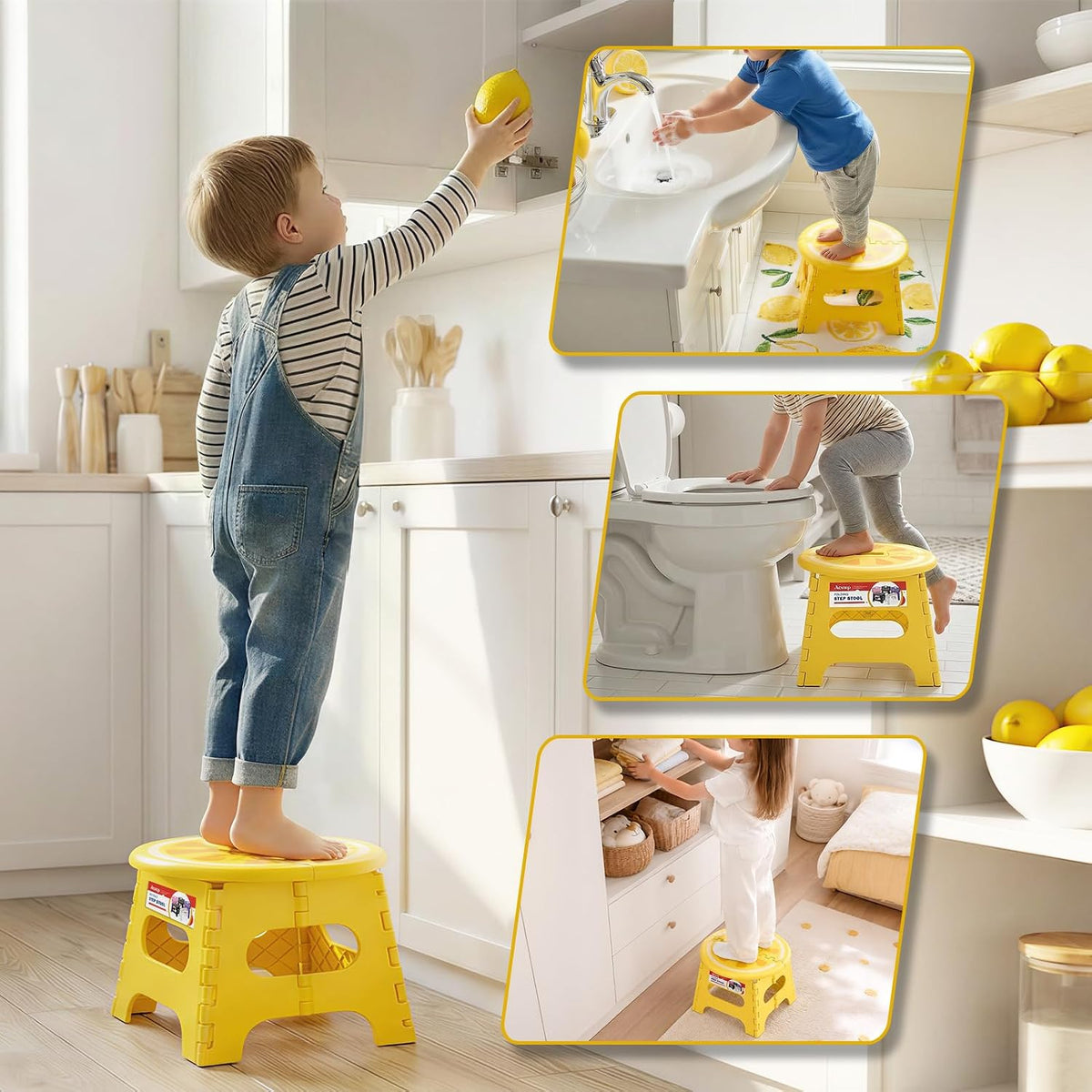9 Inch Folding Step Stool for Kids, Sturdy Collapsible Step Stool Foldable Up to 300 lbs for Toddlers, Non Slip Foot Stools with Handle for Kitchen, Bathroom, Bedroom, Outdoor, Lemon Yellow