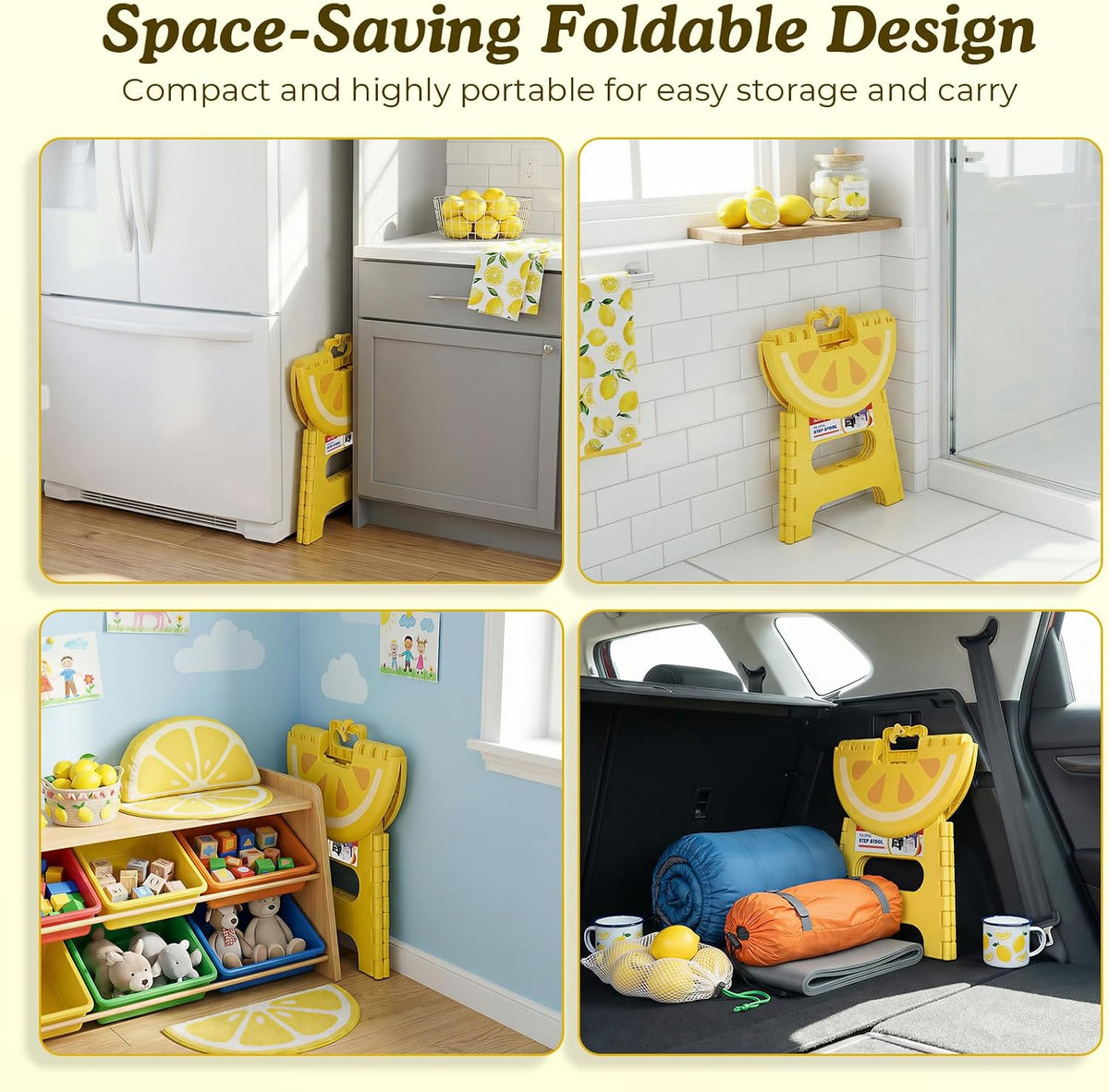 9 Inch Folding Step Stool for Kids, Sturdy Collapsible Step Stool Foldable Up to 300 lbs for Toddlers, Non Slip Foot Stools with Handle for Kitchen, Bathroom, Bedroom, Outdoor, Lemon Yellow