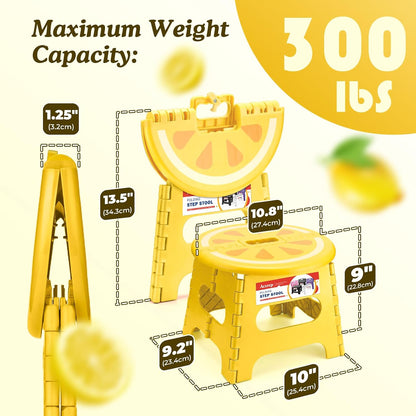 9 Inch Folding Step Stool for Kids, Sturdy Collapsible Step Stool Foldable Up to 300 lbs for Toddlers, Non Slip Foot Stools with Handle for Kitchen, Bathroom, Bedroom, Outdoor, Lemon Yellow