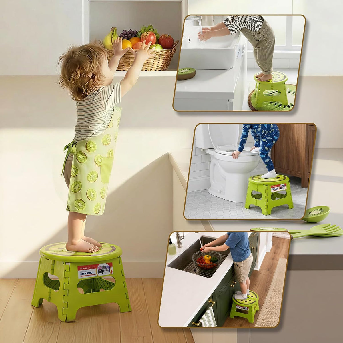 9 Inch Folding Step Stool for Kids, Sturdy Collapsible Step Stool Foldable Up to 300 lbs for Toddlers, Non Slip Foot Stools with Handle for Kitchen, Bathroom, Bedroom, Outdoor, Lemon Yellow