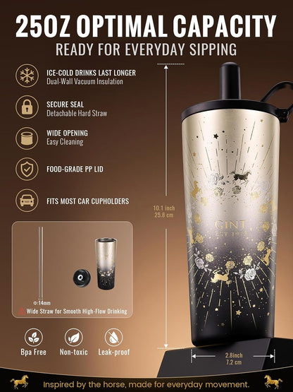 GiNT 25 oz Tumbler with Straw, Insulated Cup with Straw, 316L Stainless Steel Travel Tumbler with Leak-Resistant Screw Lid, Sweat-Free Cupholder Friendly Water Cup, Raised Gold Foil Artwork