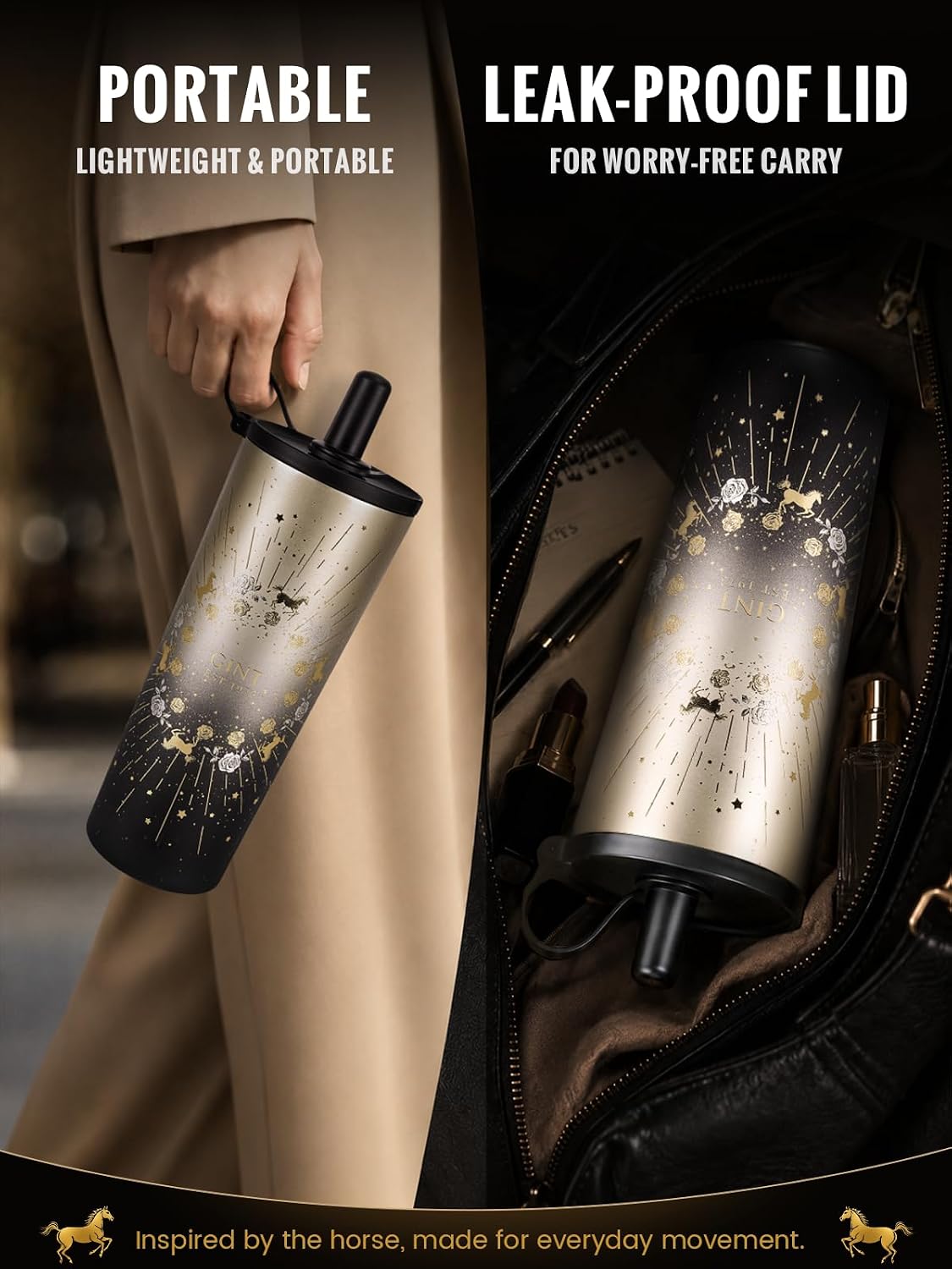 GiNT 25 oz Tumbler with Straw, Insulated Cup with Straw, 316L Stainless Steel Travel Tumbler with Leak-Resistant Screw Lid, Sweat-Free Cupholder Friendly Water Cup, Raised Gold Foil Artwork