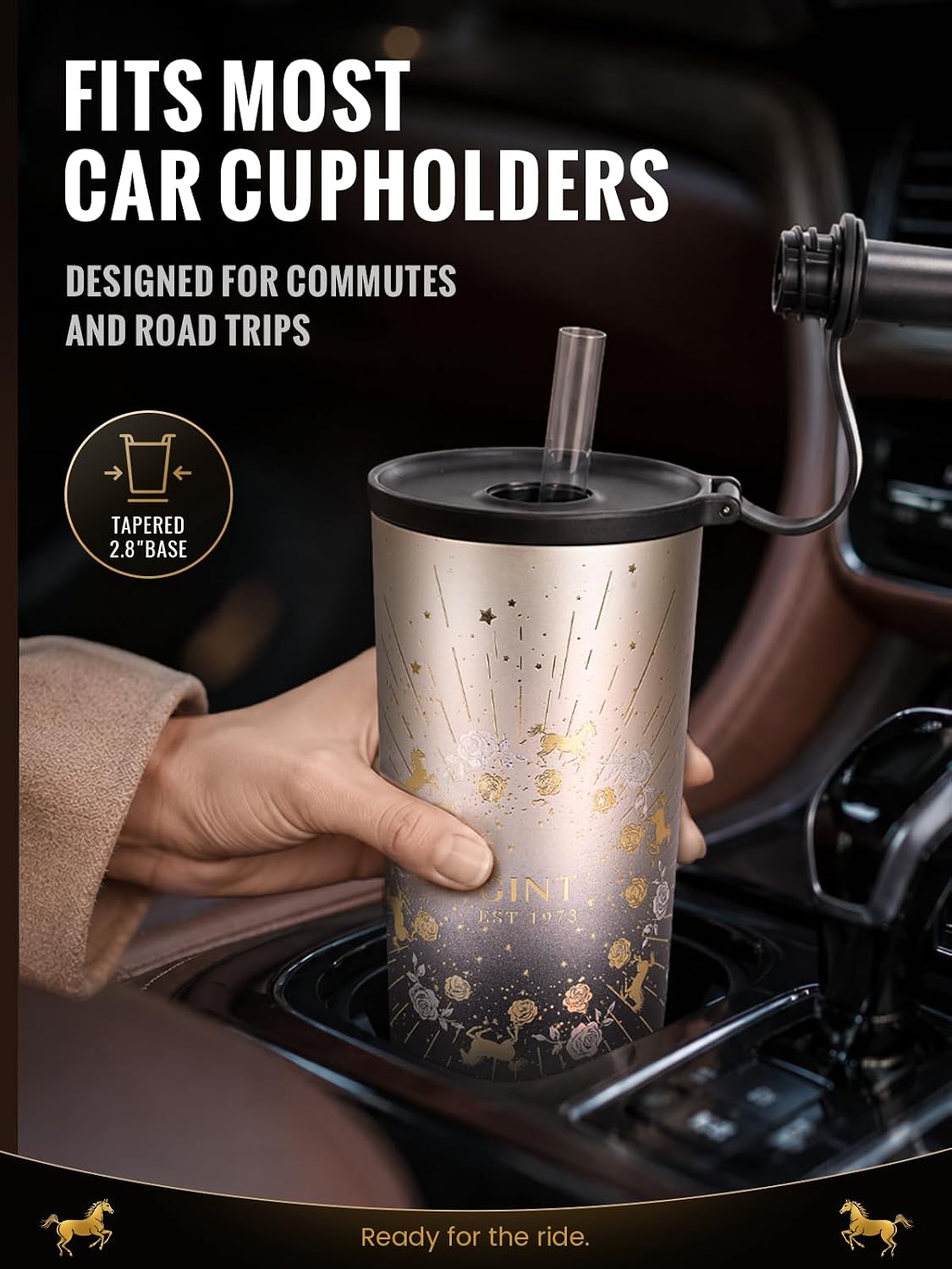 GiNT 25 oz Tumbler with Straw, Insulated Cup with Straw, 316L Stainless Steel Travel Tumbler with Leak-Resistant Screw Lid, Sweat-Free Cupholder Friendly Water Cup, Raised Gold Foil Artwork