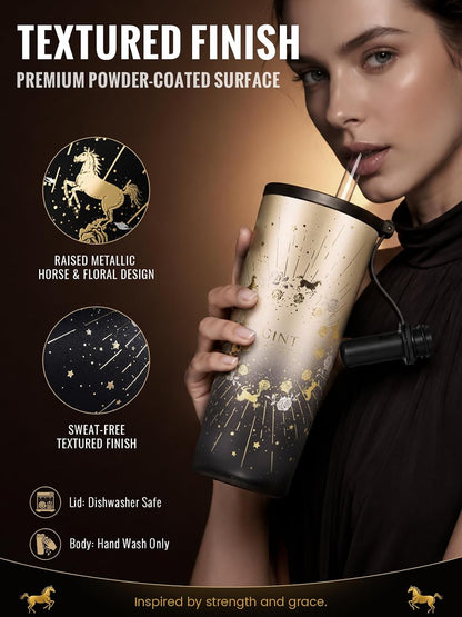 GiNT 25 oz Tumbler with Straw, Insulated Cup with Straw, 316L Stainless Steel Travel Tumbler with Leak-Resistant Screw Lid, Sweat-Free Cupholder Friendly Water Cup, Raised Gold Foil Artwork
