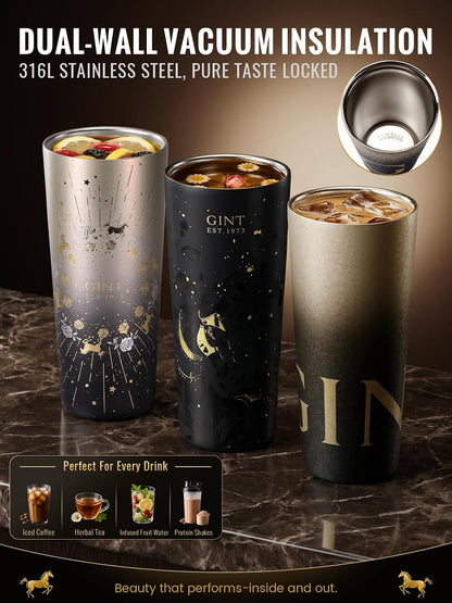 GiNT 25 oz Tumbler with Straw, Insulated Cup with Straw, 316L Stainless Steel Travel Tumbler with Leak-Resistant Screw Lid, Sweat-Free Cupholder Friendly Water Cup, Raised Gold Foil Artwork