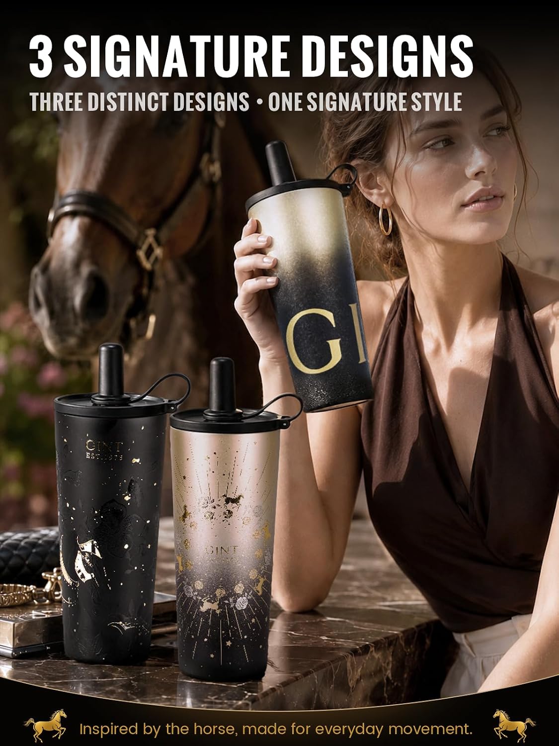 GiNT 25 oz Tumbler with Straw, Insulated Cup with Straw, 316L Stainless Steel Travel Tumbler with Leak-Resistant Screw Lid, Sweat-Free Cupholder Friendly Water Cup, Raised Gold Foil Artwork