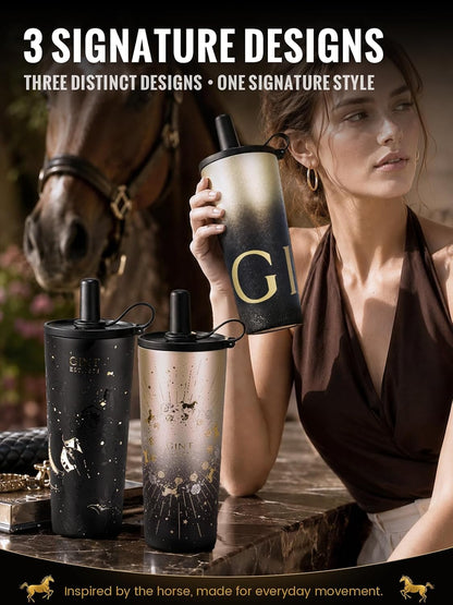 GiNT 25 oz Tumbler with Straw, Insulated Cup with Straw, 316L Stainless Steel Travel Tumbler with Leak-Resistant Screw Lid, Sweat-Free Cupholder Friendly Water Cup, Raised Gold Foil Artwork