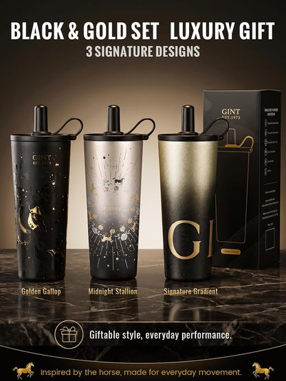 GiNT 25 oz Tumbler with Straw, Insulated Cup with Straw, 316L Stainless Steel Travel Tumbler with Leak-Resistant Screw Lid, Sweat-Free Cupholder Friendly Water Cup, Raised Gold Foil Artwork
