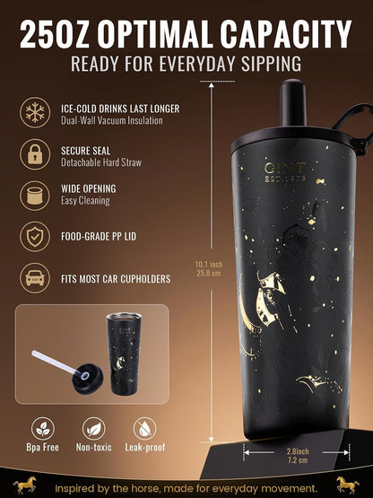 GiNT 25 oz Tumbler with Straw, Insulated Cup with Straw, 316L Stainless Steel Travel Tumbler with Leak-Resistant Screw Lid, Sweat-Free Cupholder Friendly Water Cup, Raised Gold Foil Artwork