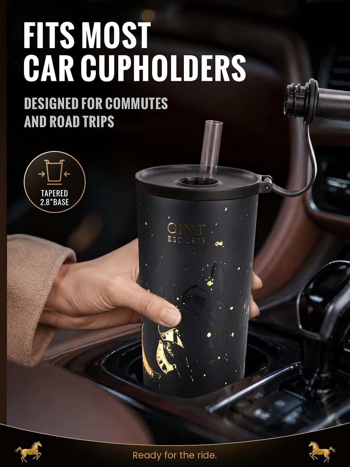 GiNT 25 oz Tumbler with Straw, Insulated Cup with Straw, 316L Stainless Steel Travel Tumbler with Leak-Resistant Screw Lid, Sweat-Free Cupholder Friendly Water Cup, Raised Gold Foil Artwork