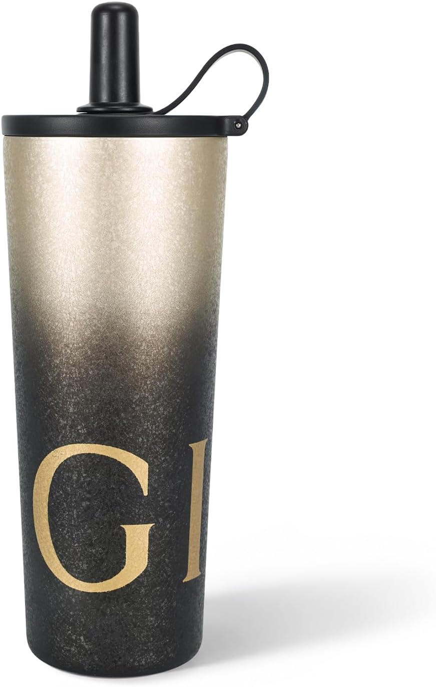 GiNT 25 oz Tumbler with Straw, Insulated Cup with Straw, 316L Stainless Steel Travel Tumbler with Leak-Resistant Screw Lid, Sweat-Free Cupholder Friendly Water Cup, Raised Gold Foil Artwork