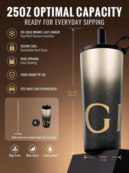 GiNT 25 oz Tumbler with Straw, Insulated Cup with Straw, 316L Stainless Steel Travel Tumbler with Leak-Resistant Screw Lid, Sweat-Free Cupholder Friendly Water Cup, Raised Gold Foil Artwork