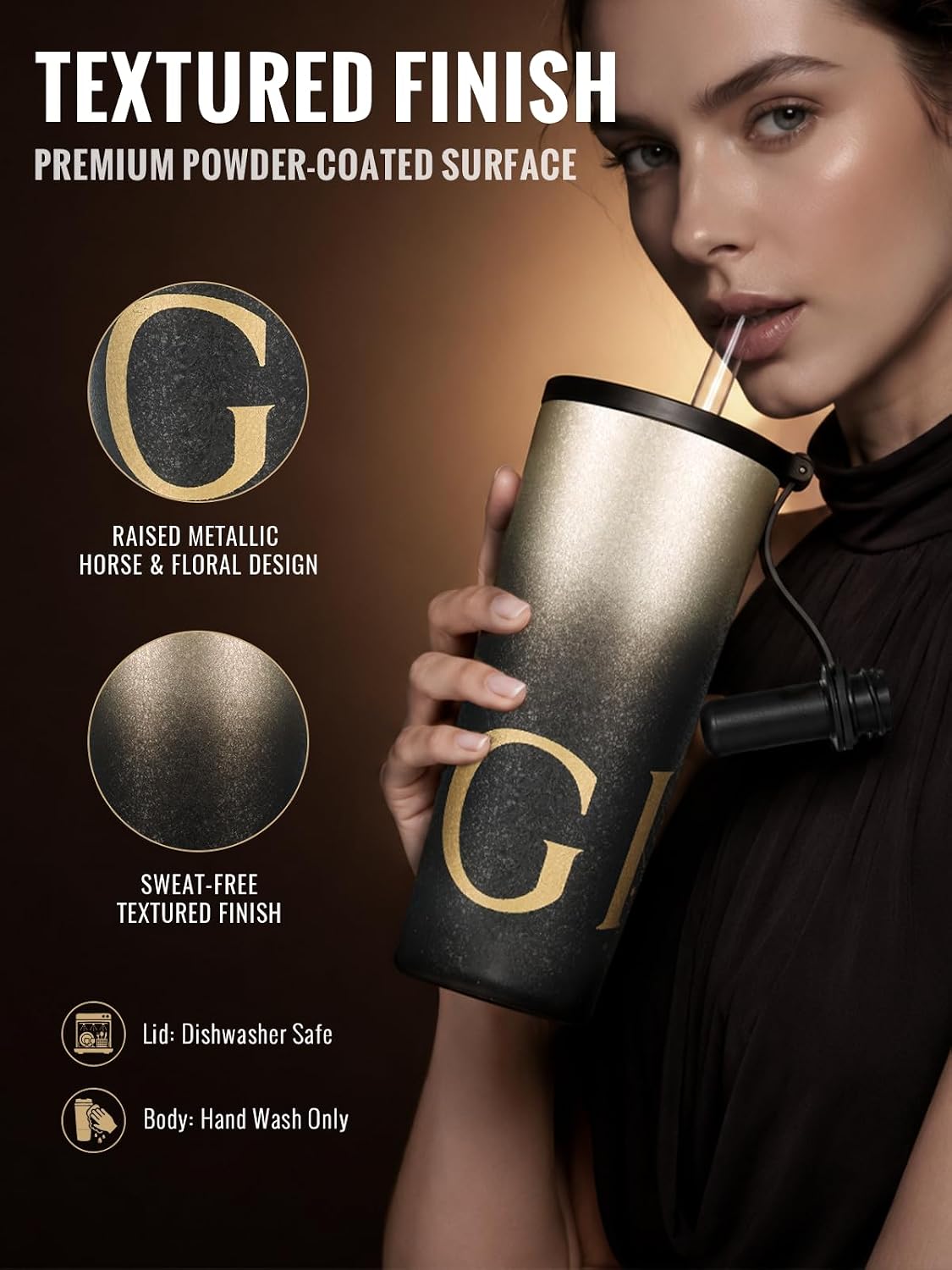 GiNT 25 oz Tumbler with Straw, Insulated Cup with Straw, 316L Stainless Steel Travel Tumbler with Leak-Resistant Screw Lid, Sweat-Free Cupholder Friendly Water Cup, Raised Gold Foil Artwork