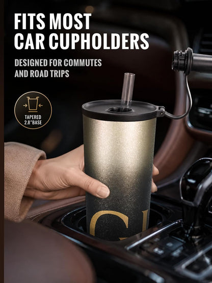 GiNT 25 oz Tumbler with Straw, Insulated Cup with Straw, 316L Stainless Steel Travel Tumbler with Leak-Resistant Screw Lid, Sweat-Free Cupholder Friendly Water Cup, Raised Gold Foil Artwork