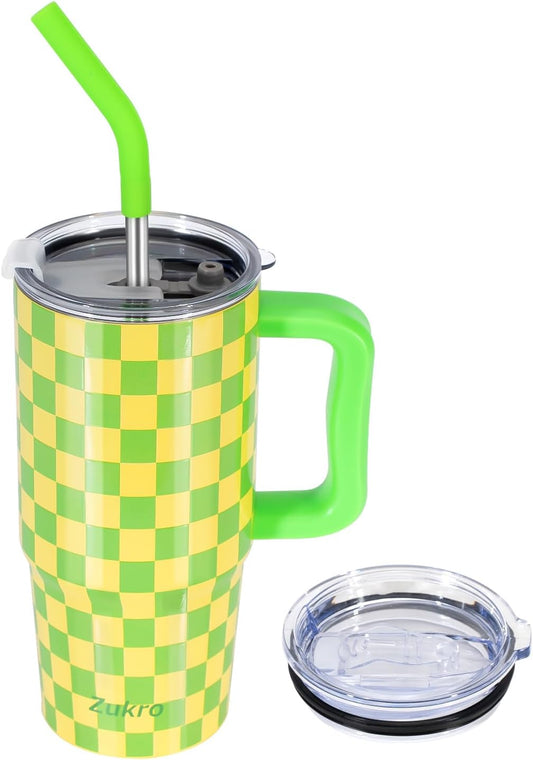 Zukro 24 oz Insulated Stainless Steel Tumbler with Handle and Metal Straw | Leak Proof, Sweat Proof, Double Wall Travel Coffee Cup Keep Drinks Cold 24 Hours for Water, Home, Office, Fit in Cupholder