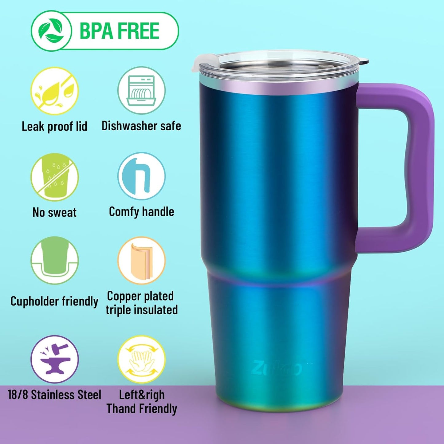 Zukro 24 oz Insulated Stainless Steel Tumbler with Handle and Metal Straw | Leak Proof, Sweat Proof, Double Wall Travel Coffee Cup Keep Drinks Cold 24 Hours for Water, Home, Office, Fit in Cupholder