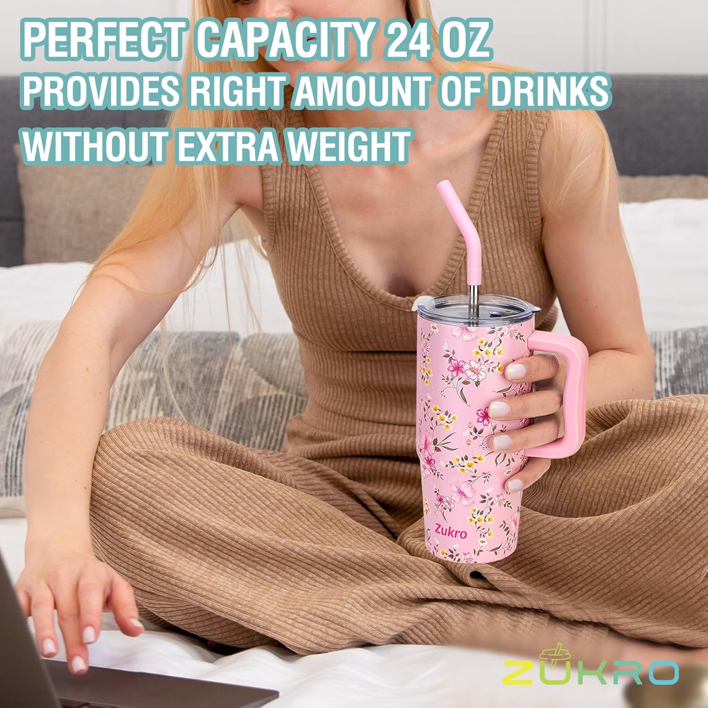 Zukro 24 oz Insulated Stainless Steel Tumbler with Handle and Metal Straw | Leak Proof, Sweat Proof, Double Wall Travel Coffee Cup Keep Drinks Cold 24 Hours for Water, Home, Office, Fit in Cupholder