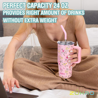 Zukro 24 oz Insulated Stainless Steel Tumbler with Handle and Metal Straw | Leak Proof, Sweat Proof, Double Wall Travel Coffee Cup Keep Drinks Cold 24 Hours for Water, Home, Office, Fit in Cupholder