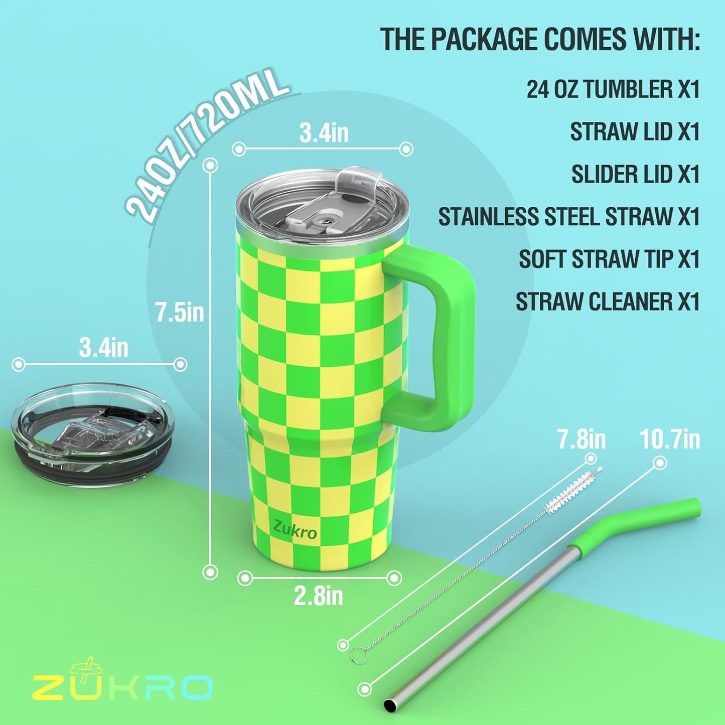 Zukro 24 oz Insulated Stainless Steel Tumbler with Handle and Metal Straw | Leak Proof, Sweat Proof, Double Wall Travel Coffee Cup Keep Drinks Cold 24 Hours for Water, Home, Office, Fit in Cupholder