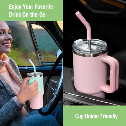 Zukro 24 oz Insulated Stainless Steel Tumbler with Handle and Metal Straw | Leak Proof, Sweat Proof, Double Wall Travel Coffee Cup Keep Drinks Cold 24 Hours for Water, Home, Office, Fit in Cupholder
